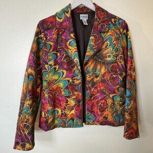 Chico's Colorful Peacock Feather Long Sleeve Lined Blazer Sz 0 Missing Button